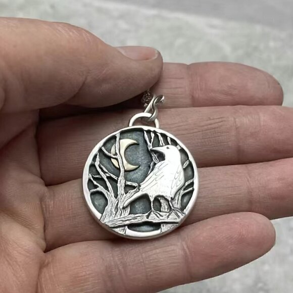 Large Raven with Crescent Moon Pendant and Necklace #1402 - Picture 6 of 6